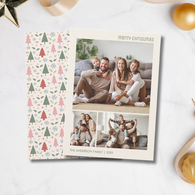 Tarjeta Festiva Navidades Familia 3 Collage de fotos (Christmas Family 3 Photo Collage Holiday Card)