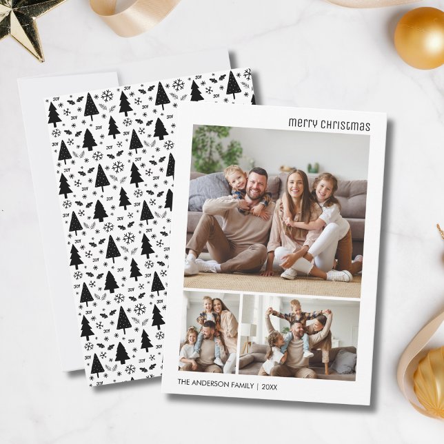 Tarjeta Festiva Navidades Familia Collage de fotos Blanco y Negro (Christmas Photo Collage Family White and Black Holiday Card)