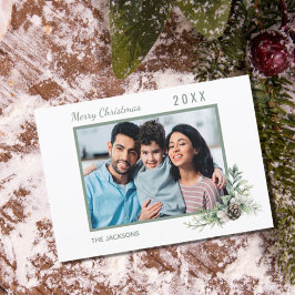 Tarjeta Festiva Navidades familia foto cono blanco pino moderno