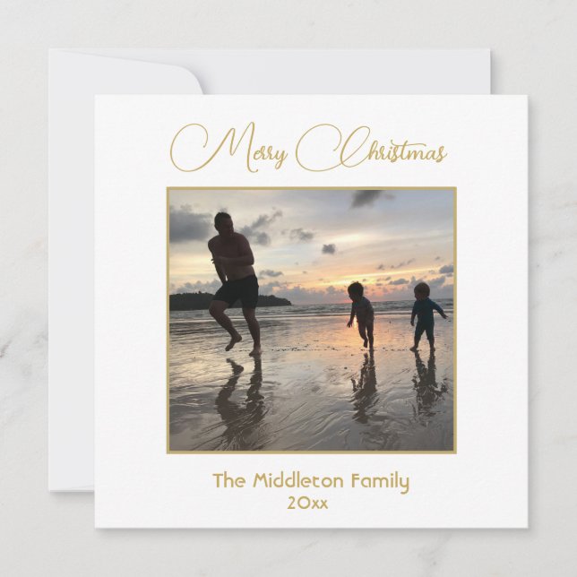 Tarjeta Festiva Navidades Familia Foto Elegante Saludo de Oro (Anverso)