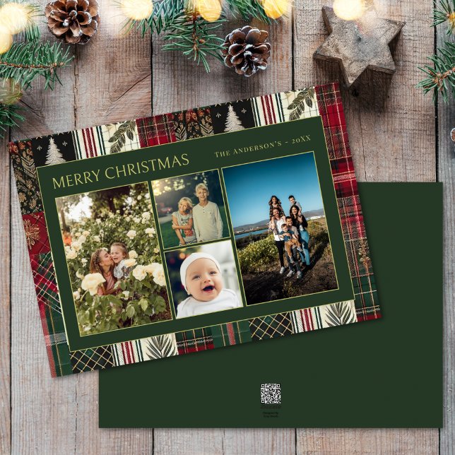 Tarjeta Festiva Navidades Familia Green Plaid Cuatro Collages de f (Subido por el creador)