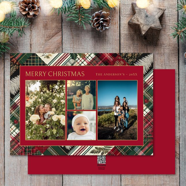 Tarjeta Festiva Navidades Familia Rustic Plaid 4 Collage de fotos (Subido por el creador)