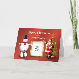 Tarjeta Festiva Navidades familiares con Santa y un muñeco de niev
