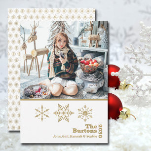 Tarjeta Festiva Navidades familiares Foto Copo de nieve Oro Blanco