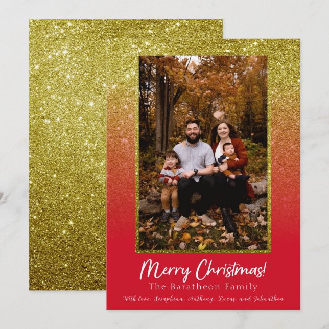Tarjeta Festiva Navidades familiares personalizados de Red Gold Pu (Anverso / Reverso)