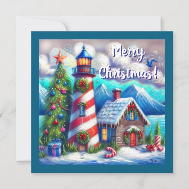 Tarjeta Festiva Navidades faro montaña costera náutica (Anverso)