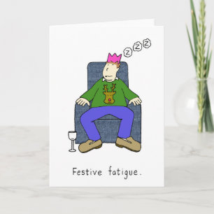 Tarjeta Festiva Navidades fatiga duermen en sillón