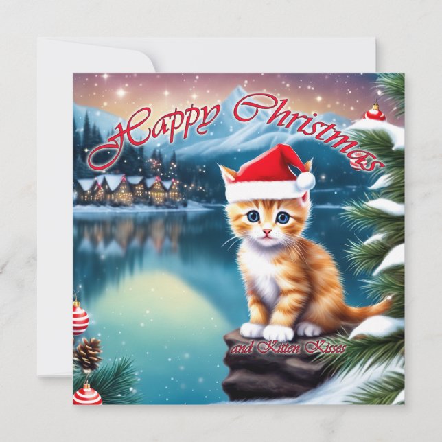 Tarjeta Festiva Navidades felices cortan gatito dando besos a gati (Anverso)