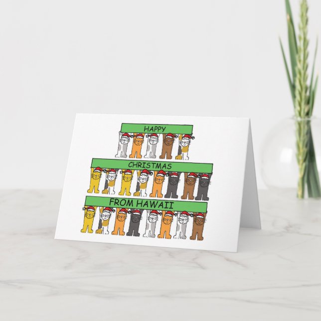 Tarjeta Festiva Navidades felices de gatos Personalizados hawaiano (Anverso)