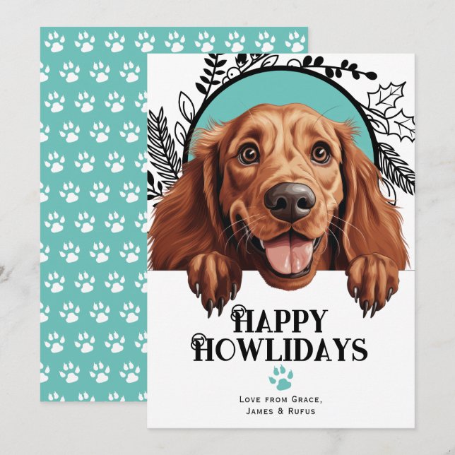 Tarjeta Festiva Navidades felices de Howlidays Irish Setter Dog (Anverso / Reverso)