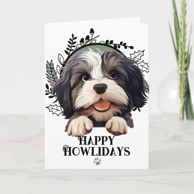 Tarjeta Festiva Navidades felices de Howlidays Lowchen Dog (Anverso)