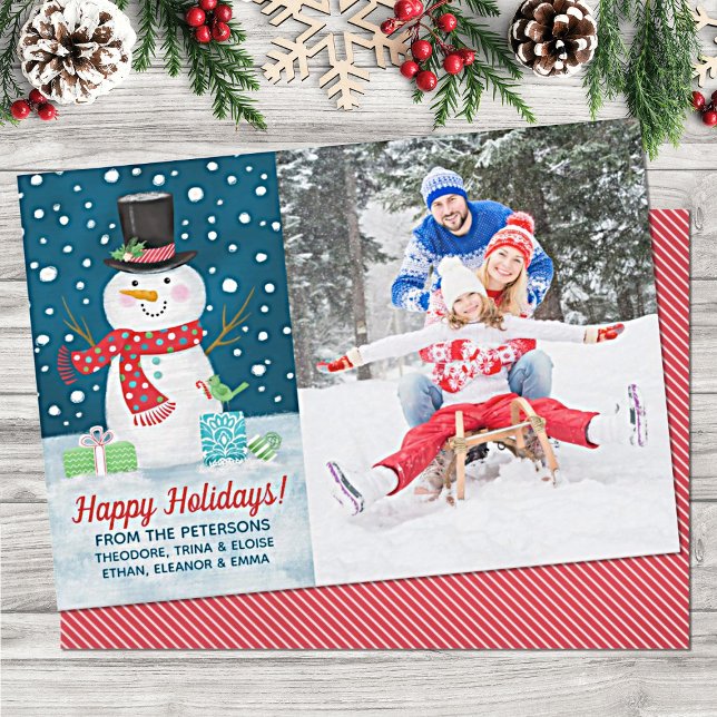 Tarjeta Festiva Navidades felices de invierno de Snowman (Add your names and photo to this cute snowman Christmas card.)