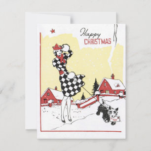 Tarjeta Festiva Navidades felices de la década de 1940 Chicas con