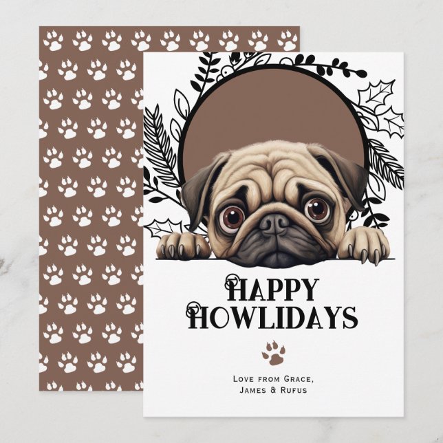 Tarjeta Festiva Navidades felices de Pug Dog de Howlidays (Anverso / Reverso)