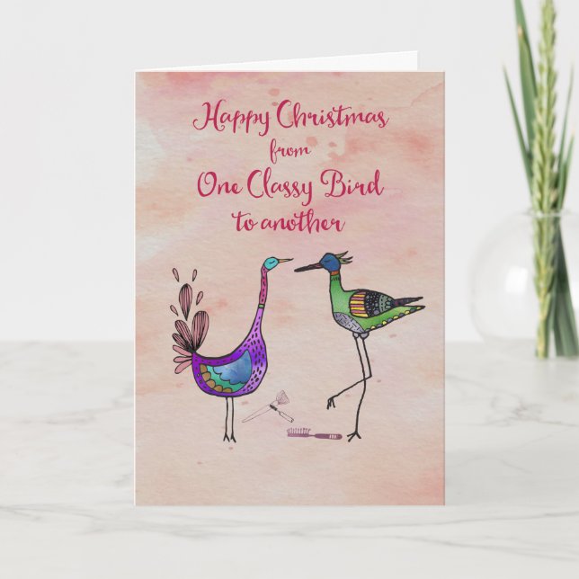 Tarjeta Festiva Navidades felices de un pájaro con clase a otro (Anverso)