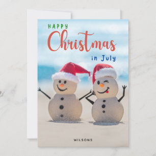 Tarjeta Festiva Navidades felices en julio Beach Snowman