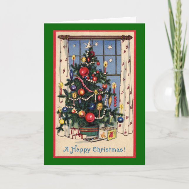 Tarjeta Festiva Navidades felices escena de la casa de árbol de vi (Anverso)