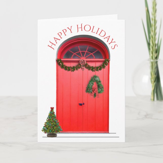 Tarjeta Festiva Navidades Felices Fiestas Decoraciones Puertas Roj (Anverso)