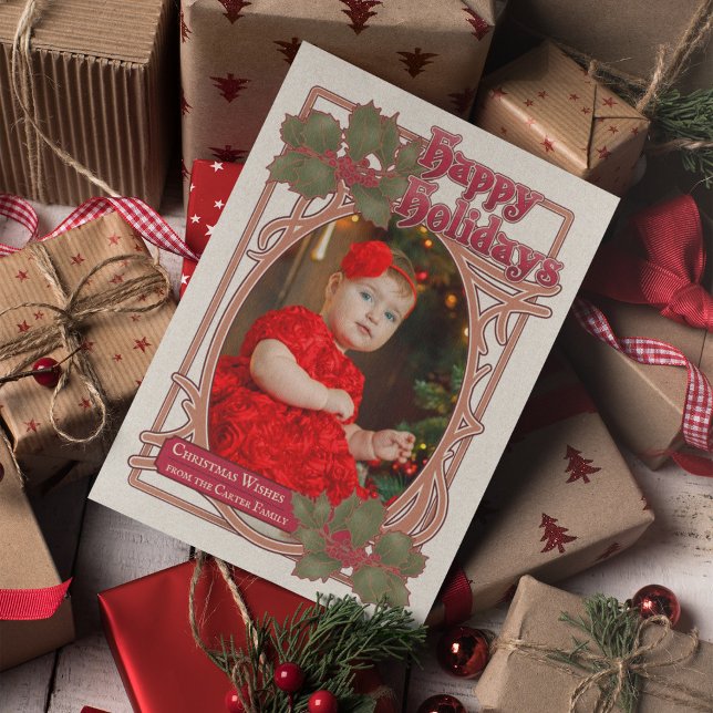 Tarjeta Festiva Navidades Felices Fiestas Vintage Style Foto (Happy Holidays Vintage Style Vertical Photo Holiday Card - Front)