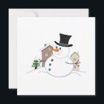 Tarjeta Festiva Navidades felices Ilustracion Snowman<br><div class="desc">Ilustracion de un Navidad de estilo personalizado snowman en una escena nevada con casas cubiertas de nieve y un árbol en el fondo.</div>