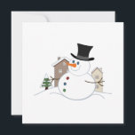 Tarjeta Festiva Navidades felices Ilustracion Snowman<br><div class="desc">Ilustracion de un Navidad de estilo personalizado snowman en una escena nevada con casas cubiertas de nieve y un árbol en el fondo.</div>