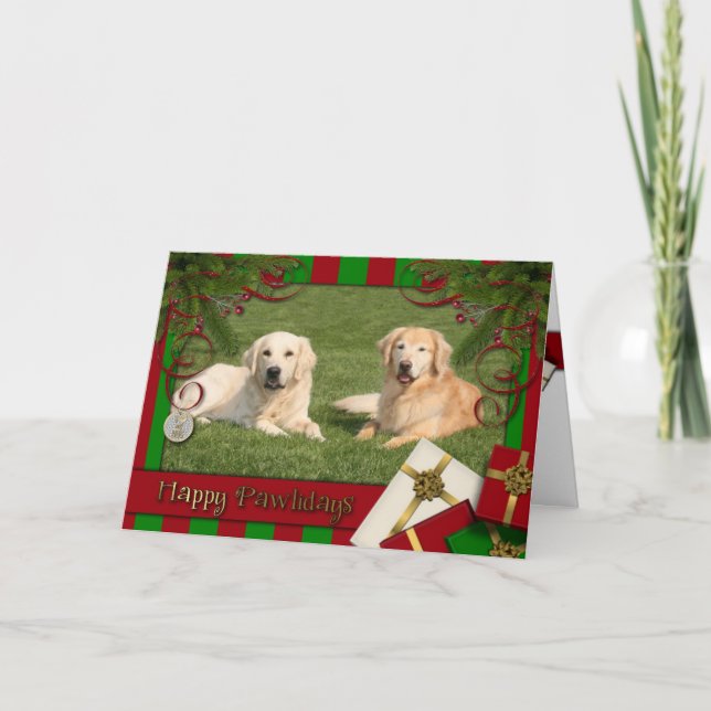Tarjeta Festiva Navidades - Felices Pawlidays - Golden Retrivers (Anverso)