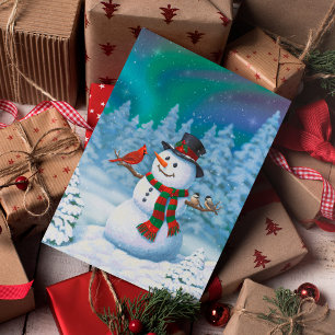 Tarjeta Festiva Navidades felices Snowman y Birds Winter Scene