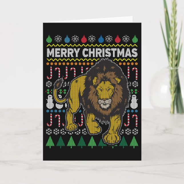 Tarjeta Festiva Navidades feos de leones Sweater Wildlife Series (Anverso)