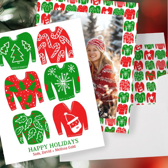 Tarjeta Festiva Navidades feos PERSONALIZADO de sudadera foto (Ugly Christmas Sweaters CUSTOM PHOTO Holiday Card
)