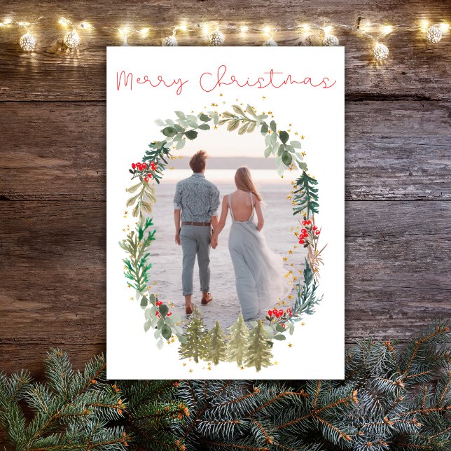 Tarjeta Festiva Navidades Feriados Foto Acuarela Floral Wreath (Christmas Card for newly-wed couple. One photo with Christmas floral wreath. Simple and elegant.)