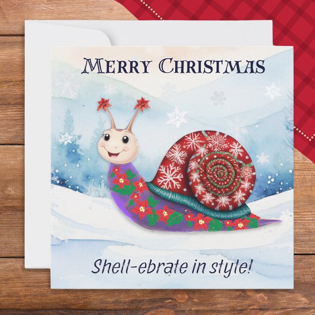 Tarjeta Festiva Navidades Festividad de Nieve, broma cómica (A funny Christmas card with picture of a jolly snail wearing a festive sweater in the snow)