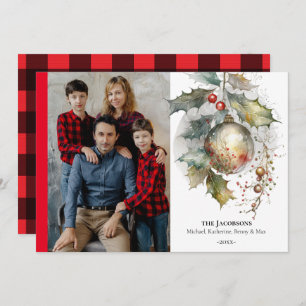 Tarjeta Festiva Navidades Festividad Red Gold Holly Ornament