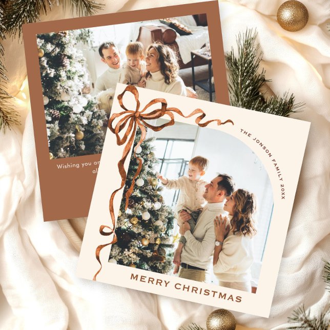 Tarjeta Festiva Navidades festivos Beige Boho Bow Ribbon 2 Foto (Subido por el creador)