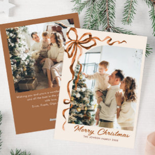 Tarjeta Festiva Navidades festivos Beige Boho Bow Ribbon 2 Foto