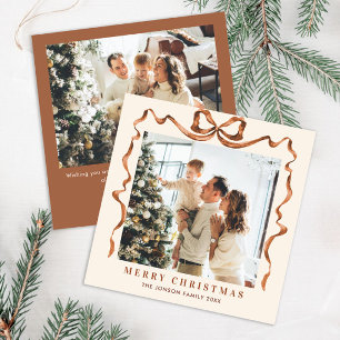 Tarjeta Festiva Navidades festivos Beige Boho Bow Ribbon 2 Foto
