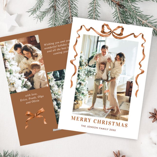 Tarjeta Festiva Navidades festivos Beige Boho Bow Ribbon 3 Foto (Subido por el creador)