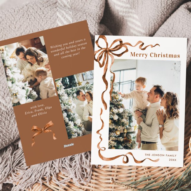 Tarjeta Festiva Navidades festivos Beige Boho Bow Ribbon 3 Foto (Subido por el creador)