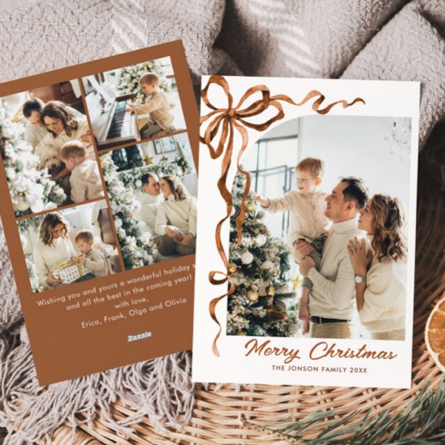 Tarjeta Festiva Navidades festivos Beige Boho Bow Ribbon 5 Foto (Subido por el creador)