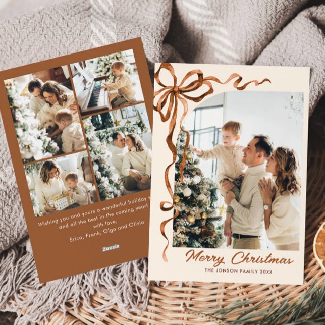 Tarjeta Festiva Navidades festivos Beige Boho Bow Ribbon 5 Foto (Subido por el creador)
