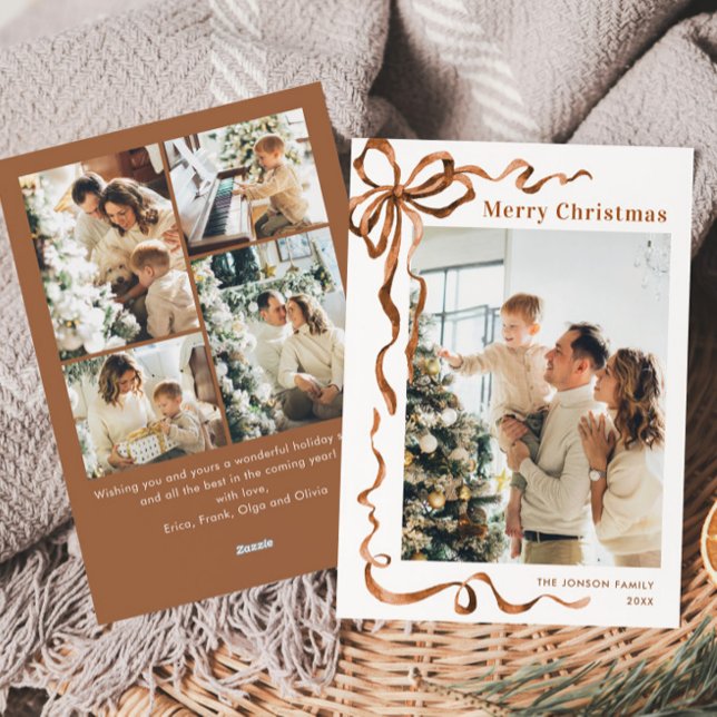 Tarjeta Festiva Navidades festivos Beige Boho Bow Ribbon 5 Foto (Subido por el creador)