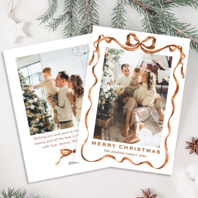 Tarjeta Festiva Navidades festivos Boho Beige Bow Ribbon 2 Foto (Subido por el creador)