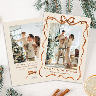 Tarjeta Festiva Navidades festivos Boho Beige Bow Ribbon 2 Foto