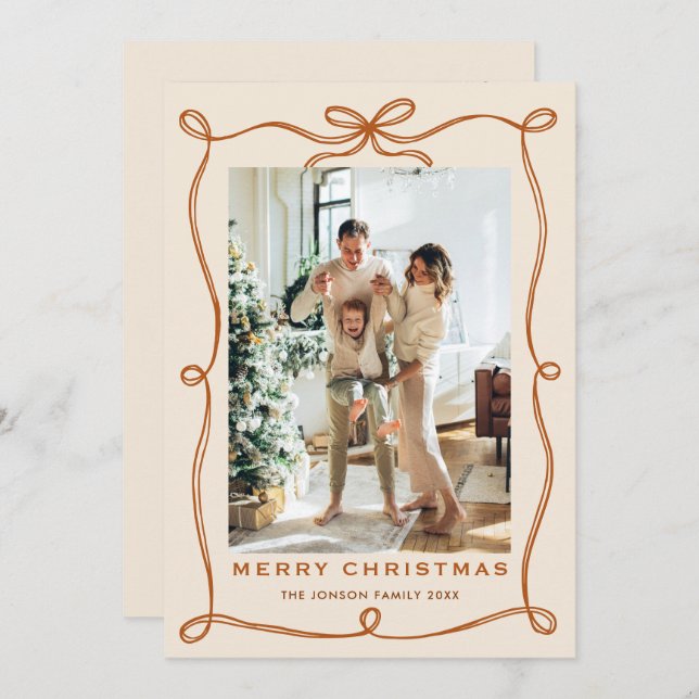 Tarjeta Festiva Navidades festivos Boho Beige Bow Ribbon 2 Foto (Anverso / Reverso)
