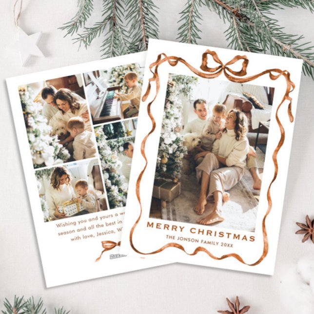 Tarjeta Festiva Navidades festivos Boho Beige Bow Ribbon 5 Foto (Subido por el creador)