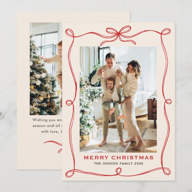 Tarjeta Festiva Navidades festivos Boho Red Bow Ribbon 2 Foto (Anverso / Reverso)