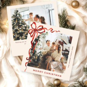 Tarjeta Festiva Navidades festivos Boho Red Bow Ribbon 2 Foto