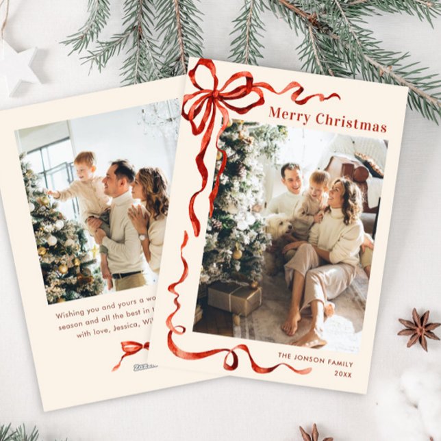 Tarjeta Festiva Navidades festivos Boho Red Bow Ribbon 2 Foto (Subido por el creador)
