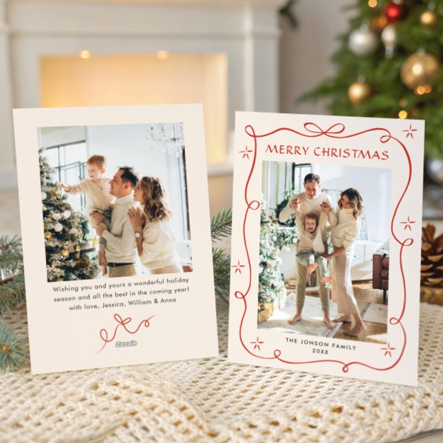 Tarjeta Festiva Navidades festivos Boho Red Bow Ribbon 2 Foto (Subido por el creador)