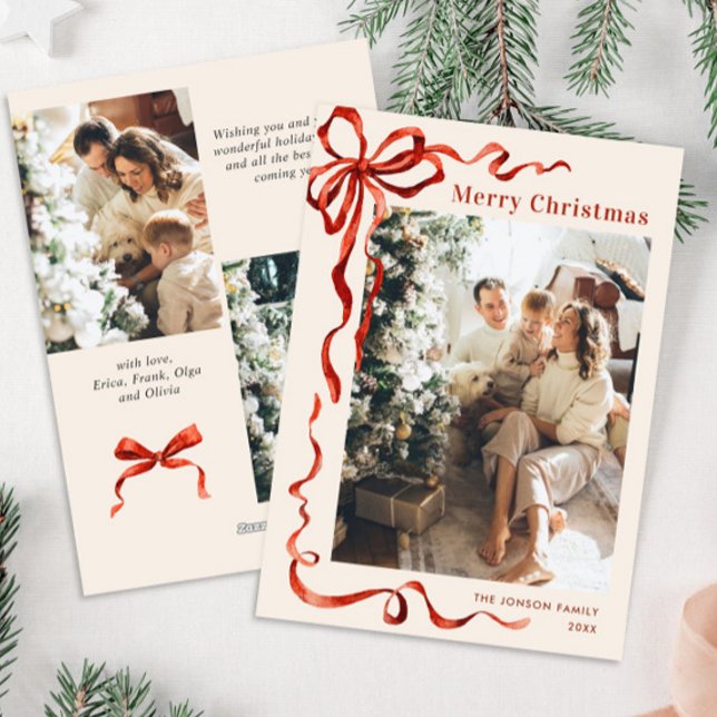 Tarjeta Festiva Navidades festivos Boho Red Bow Ribbon 3 Foto (Subido por el creador)