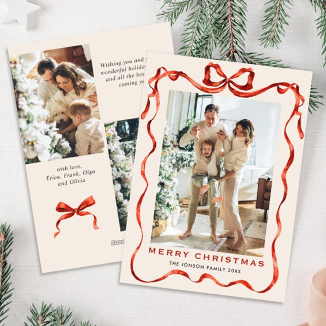 Tarjeta Festiva Navidades festivos Boho Red Bow Ribbon 3 Foto (Subido por el creador)